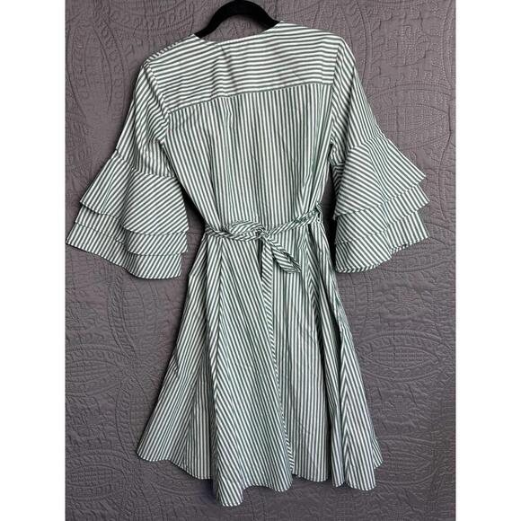 Calvin Klein Women's 4 Striped Bell Sleeve Cotton Wrap Dress Pockets Green White - Picture 5 of 12